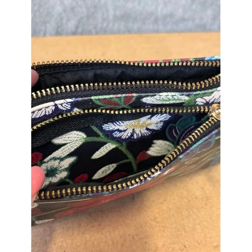 Mellow World Floral Wristlet Clutch Black Red Green Vegan Leather Zip Bag